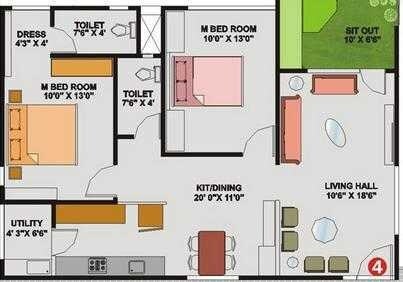 Floor plan of 2 BHK 1150 Sq. Ft. Apartment in Obel Green Woods Residency, Hyderabad