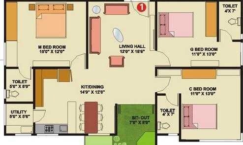 Floor plan of 3 BHK 1500 Sq. Ft. Apartment in Obel Green Woods Residency, Hyderabad