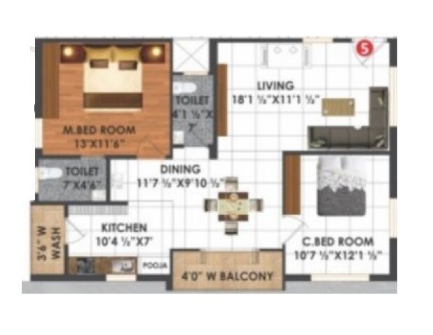 Floor plan of 2 BHK 1185 Sq. Ft. Apartment in Olive Sukrithi Saanvi, Hyderabad