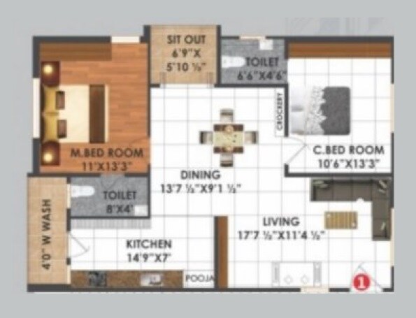 Floor plan of 2 BHK 1250 Sq. Ft. Apartment in Olive Sukrithi Saanvi, Hyderabad