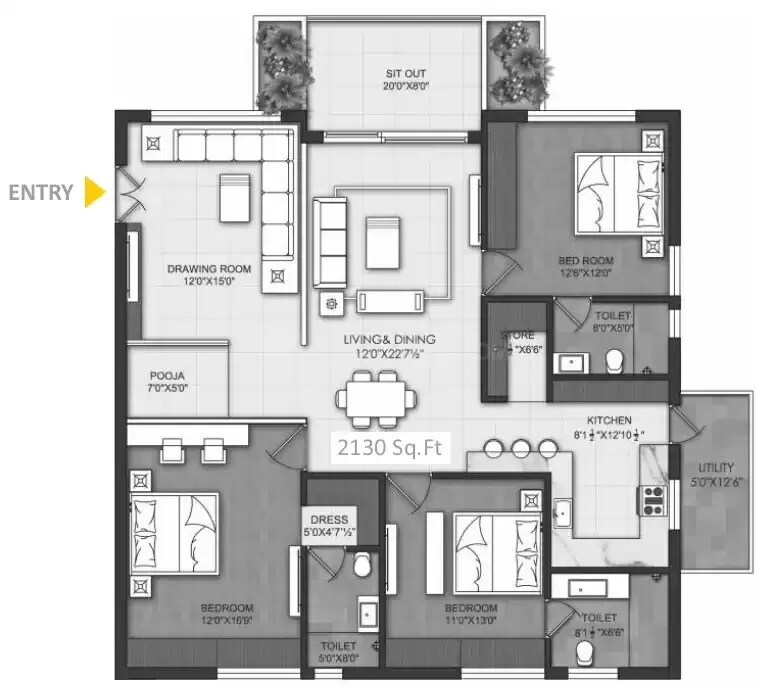 Floor plan of 3 BHK 2130 Sq. Ft. Apartment in Om Sree Brilliance, Hyderabad
