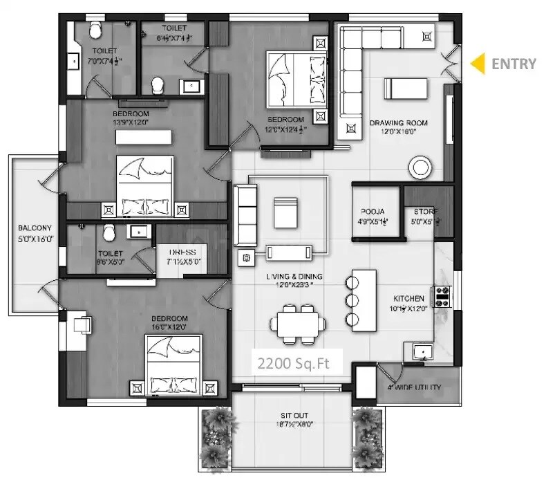 Floor plan of 3 BHK 2200 Sq. Ft. Apartment in Om Sree Brilliance, Hyderabad