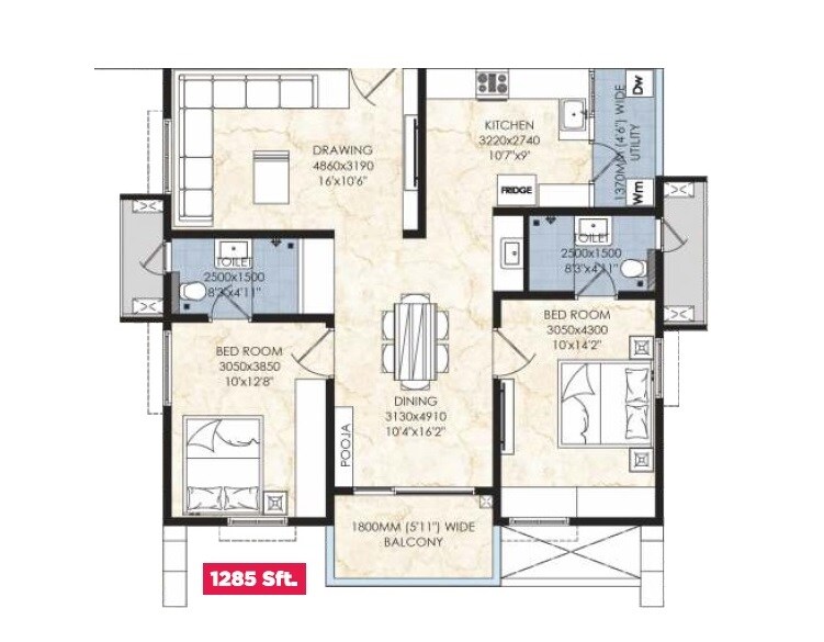Floor plan of 2 BHK 1285 Sq. Ft. Apartment in Om Sree Gallaxy, Hyderabad