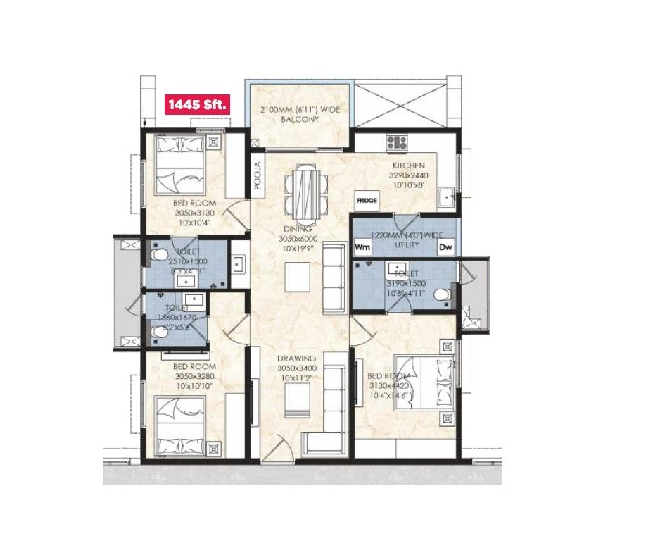 Floor plan of 3 BHK 1445 Sq. Ft. Apartment in Om Sree Gallaxy, Hyderabad