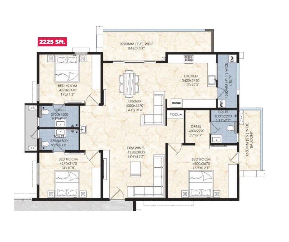Floor plan of 3 BHK 2225 Sq. Ft. Apartment in Om Sree Gallaxy, Hyderabad