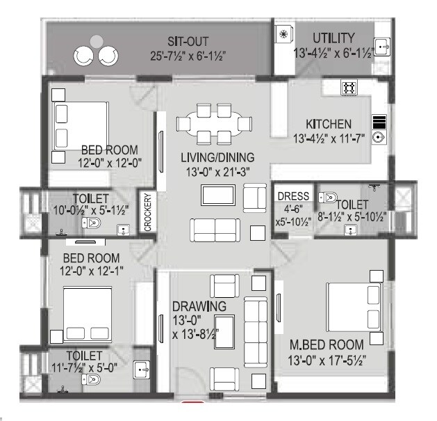 Floor plan of 3 BHK 2204 Sq. Ft. Apartment in OM Sree Glory, Hyderabad