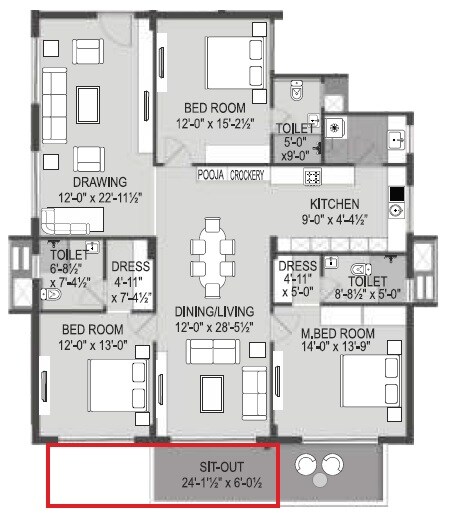 Floor plan of 3 BHK 2356 Sq. Ft. Apartment in OM Sree Glory, Hyderabad