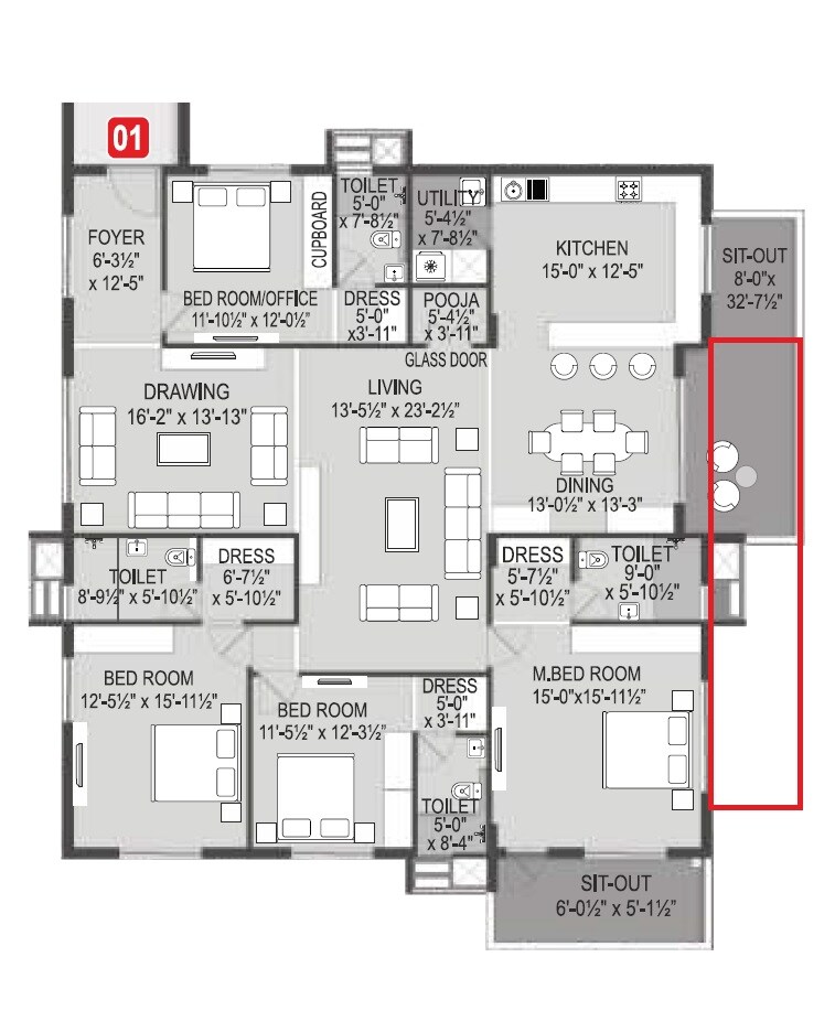 Floor plan of 4 BHK 2875 Sq. Ft. Apartment in OM Sree Glory, Hyderabad