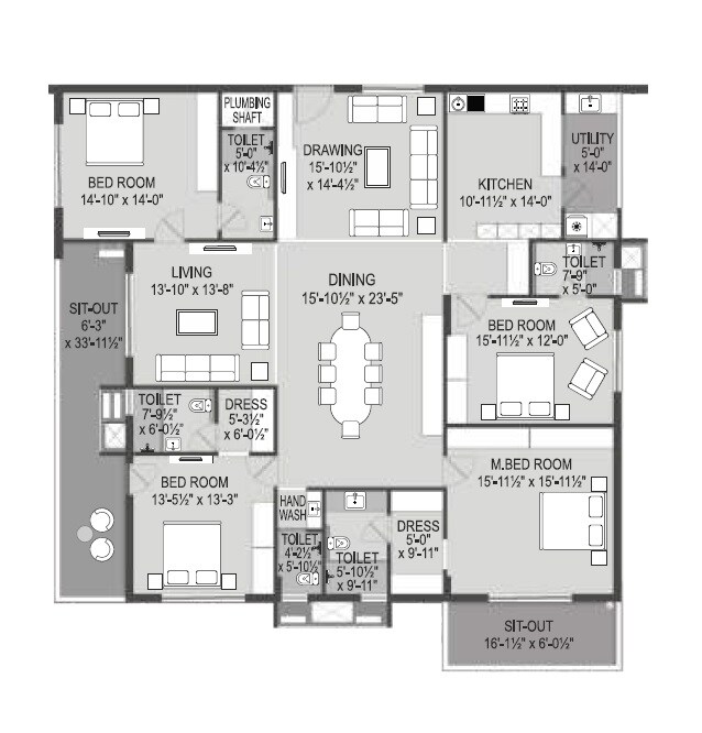 Floor plan of 4 BHK 3340 Sq. Ft. Apartment in OM Sree Glory, Hyderabad