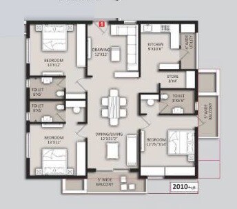 Floor plan of 3 BHK 2010 Sq. Ft. Apartment in Om Sree Heights, Hyderabad