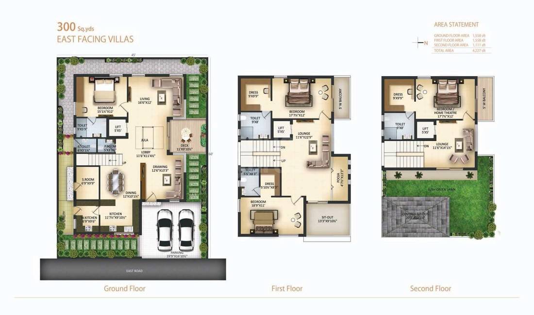 Floor plan of 4 BHK 4227 Sq. Ft. Villa in Om Sree Malabar Greens, Hyderabad