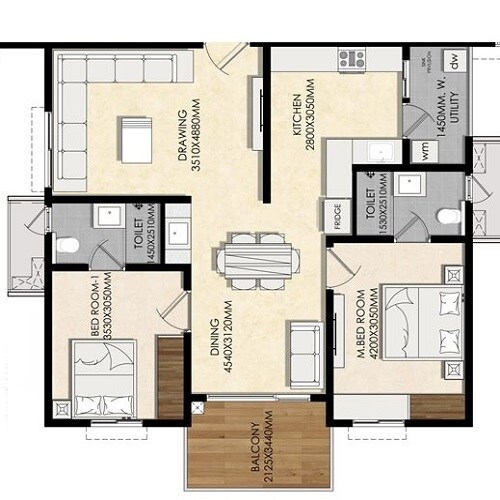 Floor plan of 2 BHK 1240 Sq. Ft. Apartment in Om Sree Prithvi, Hyderabad