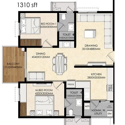 Floor plan of 2 BHK 1310 Sq. Ft. Apartment in Om Sree Prithvi, Hyderabad
