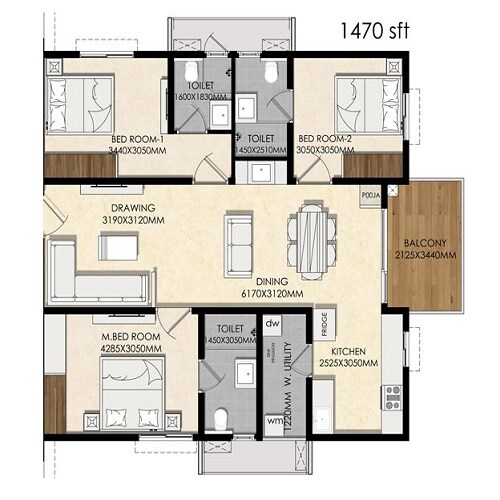 Floor plan of 3 BHK 1470 Sq. Ft. Apartment in Om Sree Prithvi, Hyderabad
