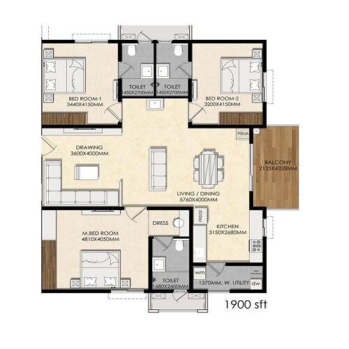 Floor plan of 3 BHK 1900 Sq. Ft. Apartment in Om Sree Prithvi, Hyderabad