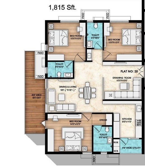 Floor plan of 3 BHK 1815 Sq. Ft. Apartment in Om Sree Skypark, Hyderabad