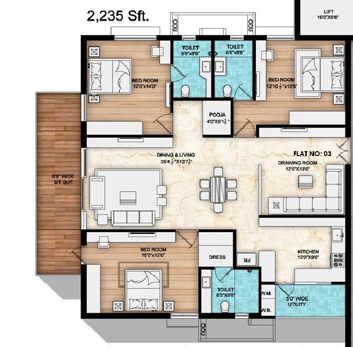 Floor plan of 3 BHK 2235 Sq. Ft. Apartment in Om Sree Skypark, Hyderabad