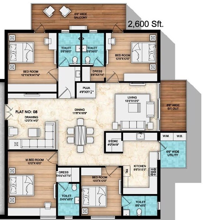 Floor plan of 4 BHK 2600 Sq. Ft. Apartment in Om Sree Skypark, Hyderabad