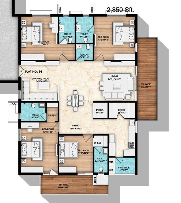 Floor plan of 4 BHK 2850 Sq. Ft. Apartment in Om Sree Skypark, Hyderabad
