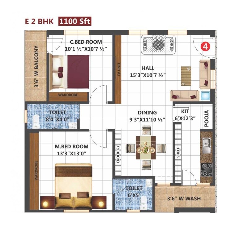 Floor plan of 2 BHK 1100 Sq. Ft. Apartment in Om Sri Nest, Hyderabad