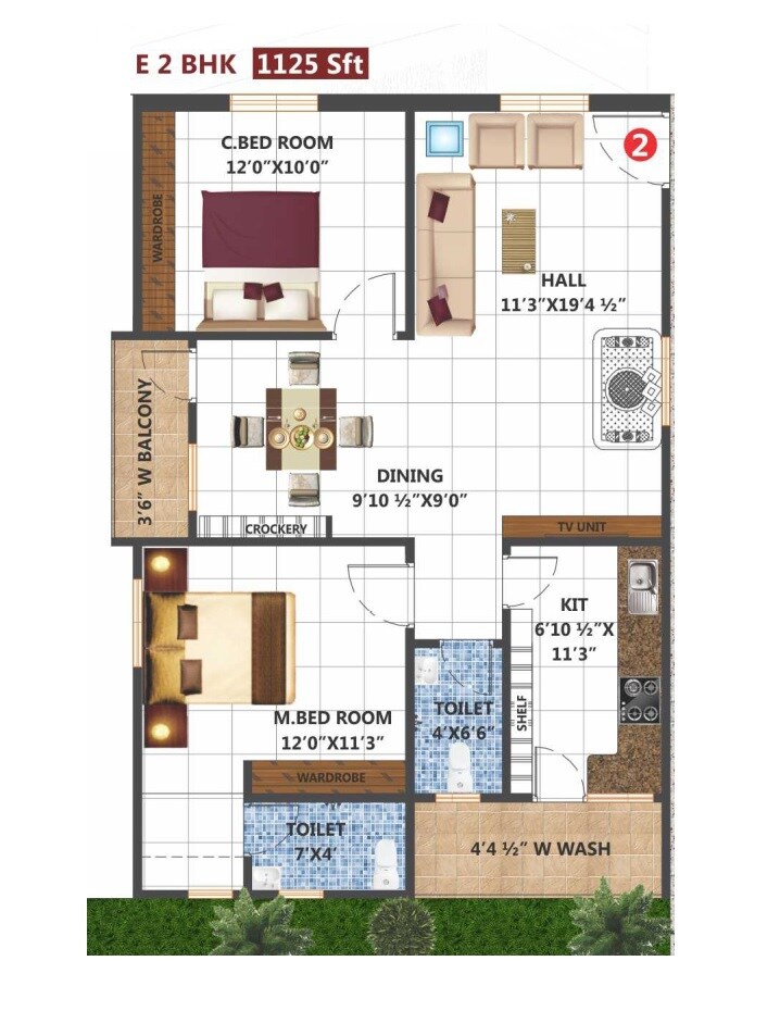 Floor plan of 2 BHK 1125 Sq. Ft. Apartment in Om Sri Nest, Hyderabad