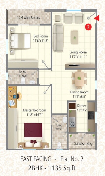 Floor plan of 2 BHK 1135 Sq. Ft. Apartment in Om Sri Symphony, Hyderabad