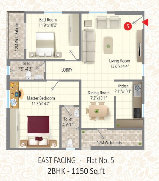 Floor plan of 2 BHK 1150 Sq. Ft. Apartment in Om Sri Symphony, Hyderabad