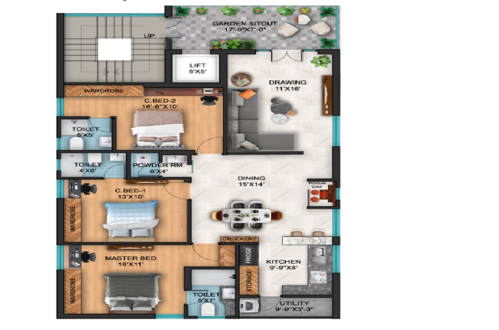 Floor plan of 3 BHK 1820 Sq. Ft. Apartment in Omkar Heights Padmarao Nagar, Hyderabad