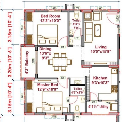 Floor plan of 2 BHK 1183 Sq. Ft. Apartment in Oorjita Vedant, Hyderabad