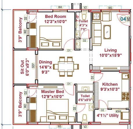 Floor plan of 2 BHK 1281 Sq. Ft. Apartment in Oorjita Vedant, Hyderabad
