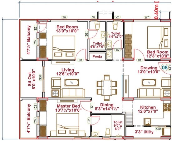 Floor plan of 3 BHK 1752 Sq. Ft. Apartment in Oorjita Vedant, Hyderabad