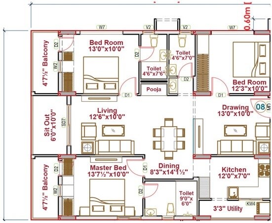 Floor plan of 3 BHK 2285 Sq. Ft. Apartment in Oorjita Vedant, Hyderabad