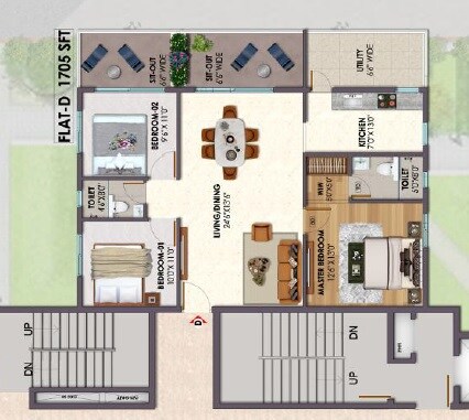 Floor plan of 3 BHK Apartment - 1705 sq. ft. in Opera Residency, Hyderabad