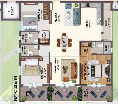 Floor plan of 3 BHK Apartment - 2267 sq. ft. in Opera Residency, Hyderabad