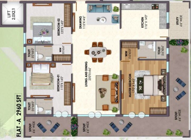 3 BHK 2960 Sq. Ft. Apartment