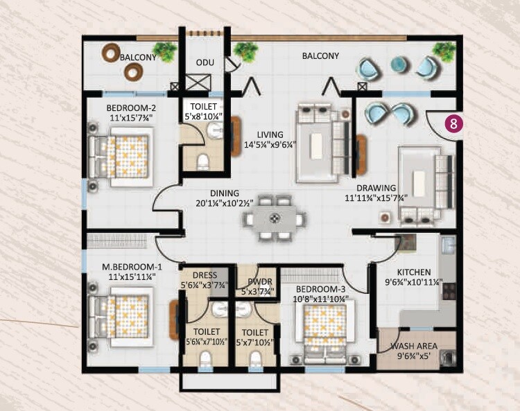 Floor plan of 3 BHK 2335 Sq. Ft. Apartment in Orange Acacia, Hyderabad