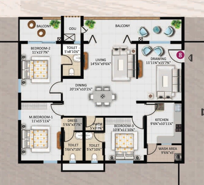 Floor plan of 3 BHK 2454 Sq. Ft. Apartment in Orange Acacia, Hyderabad