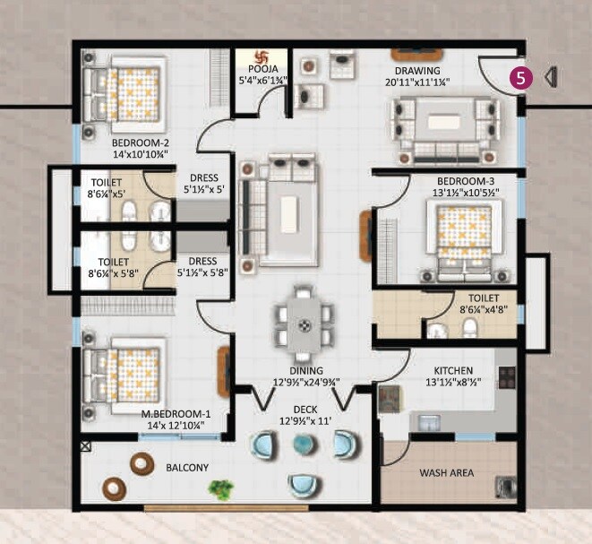 Floor plan of 3 BHK 3412 Sq. Ft. Apartment in Orange Acacia, Hyderabad