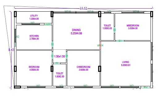 Floor plan of 3 BHK 1640 Sq. Ft. Apartment in Orange Elite, Hyderabad