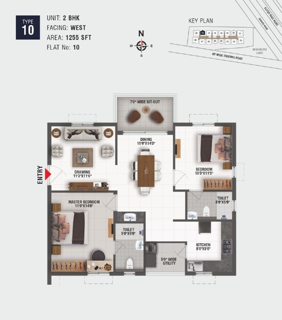 Floor plan of 2 BHK 1255 Sq. Ft. Apartment in Origin Amogha, Hyderabad