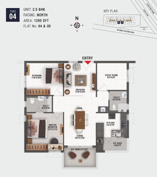 Floor plan of 2 BHK 1295 Sq. Ft. Apartment in Origin Amogha, Hyderabad