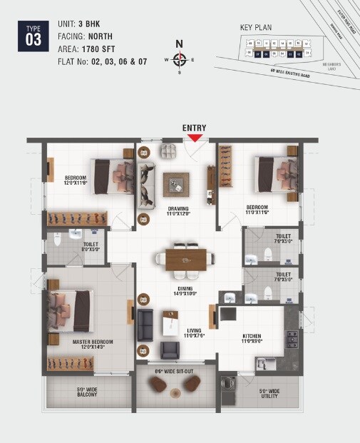 Floor plan of 3 BHK 1780 Sq. Ft. Apartment in Origin Amogha, Hyderabad