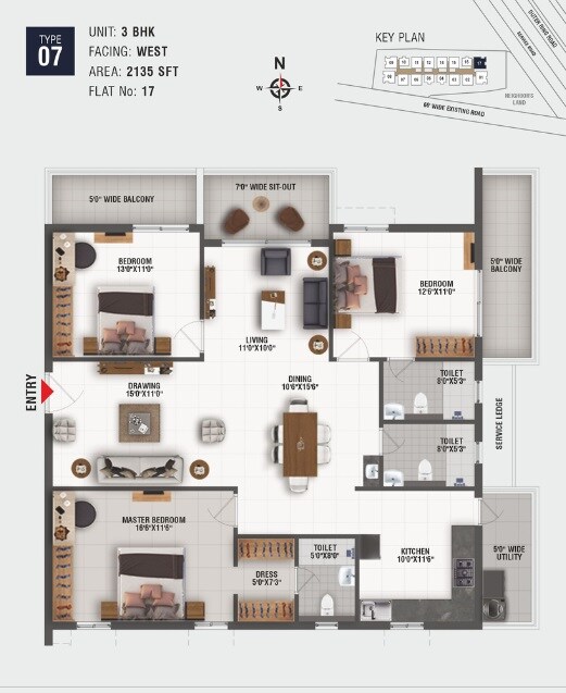 Floor plan of 3 BHK 2135 Sq. Ft. Apartment in Origin Amogha, Hyderabad