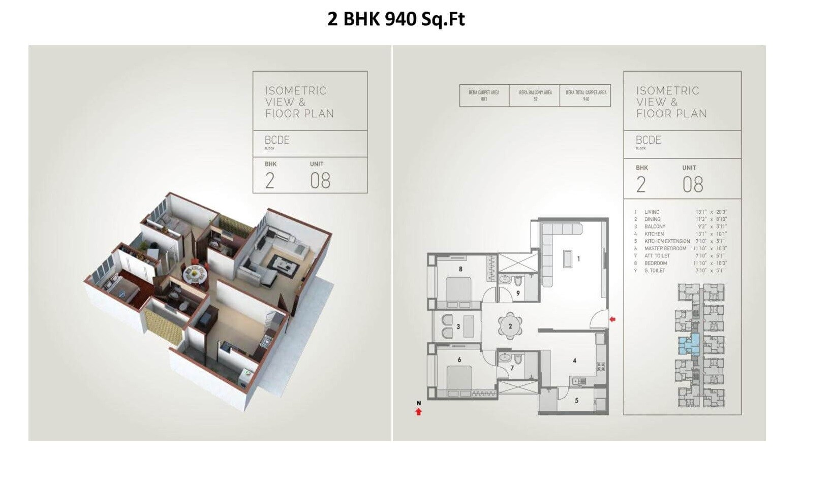 Floor plan of 2 BHK Apartment - 940 sq. ft. in Pacifica Hill Crest, Hyderabad