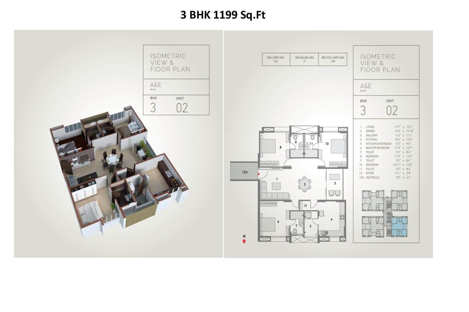 Floor plan of 3 BHK Apartment - 1199 sq. ft. in Pacifica Hill Crest, Hyderabad