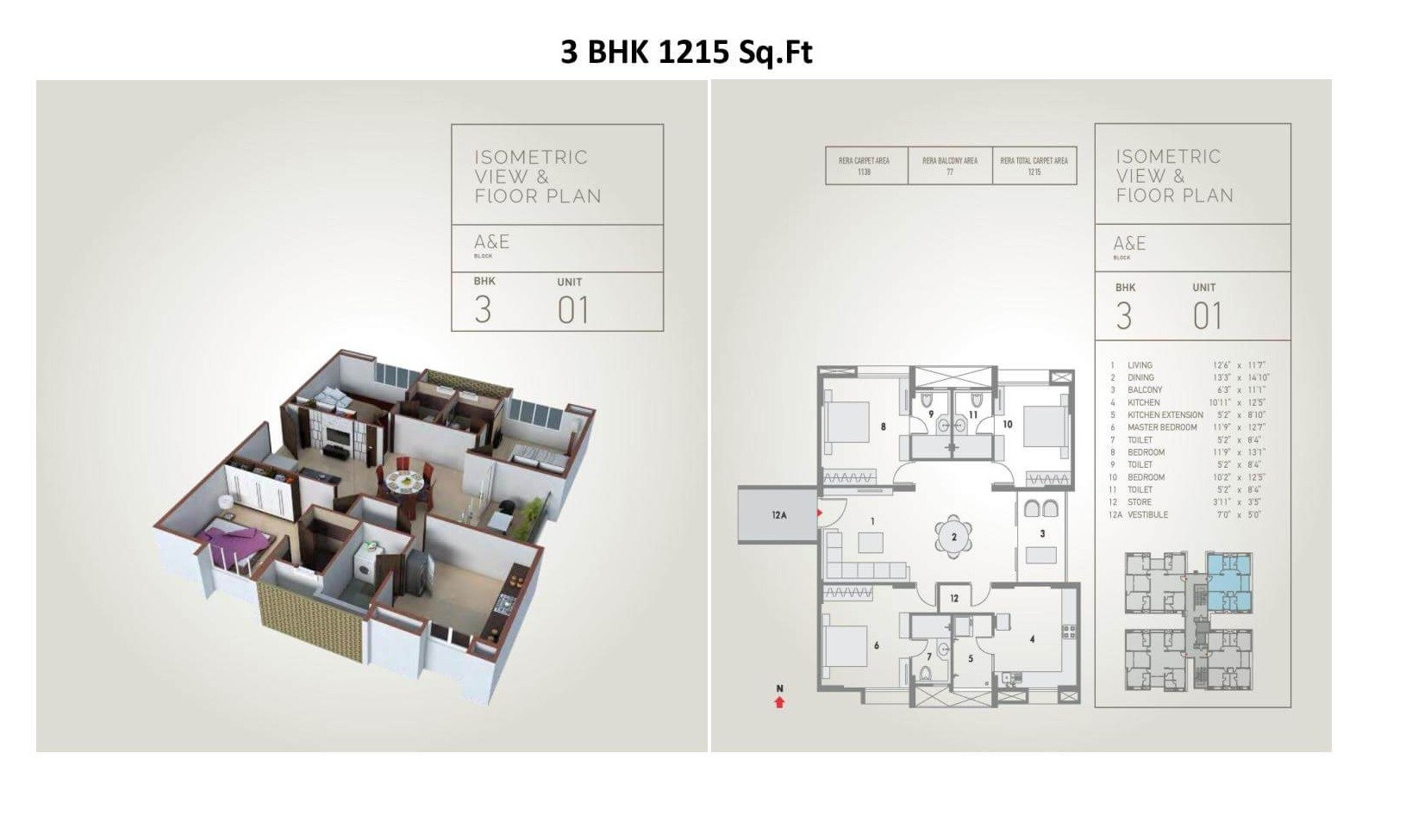 Floor plan of 3 BHK Apartment - 1215 sq. ft. in Pacifica Hill Crest, Hyderabad