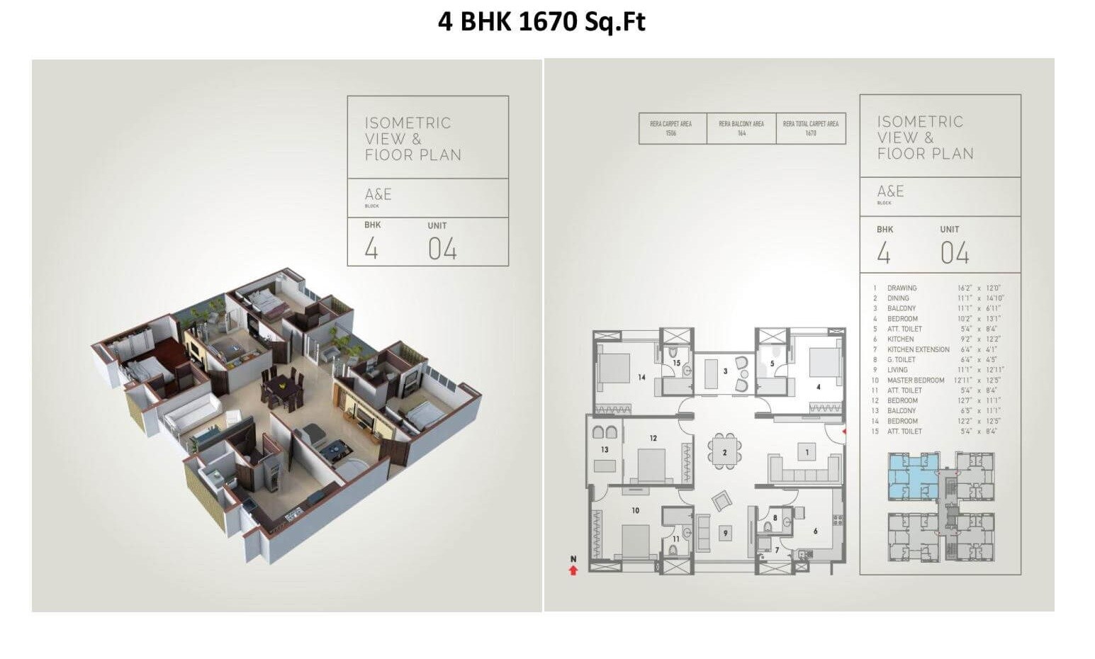 Floor plan of 4 BHK Apartment - 1670 sq. ft. in Pacifica Hill Crest, Hyderabad