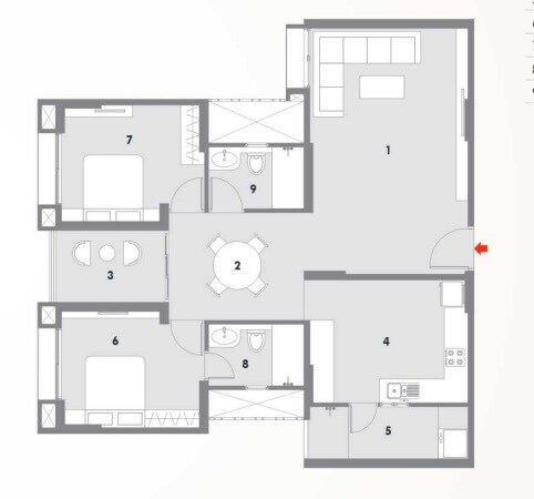 Floor plan of 2 BHK 886 Sq. Ft. Apartment in Pacifica Hillcrest Phase 1, Hyderabad
