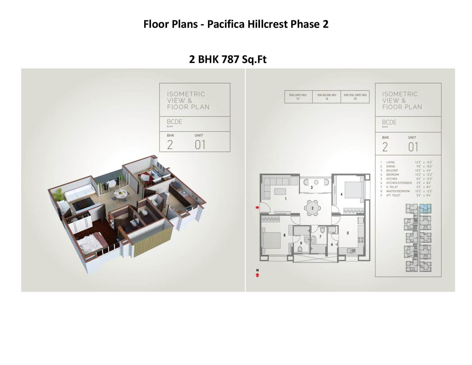 Floor plan of 2 BHK 787 Sq. Ft. Apartment in Pacifica Hillcrest Phase 2, Hyderabad
