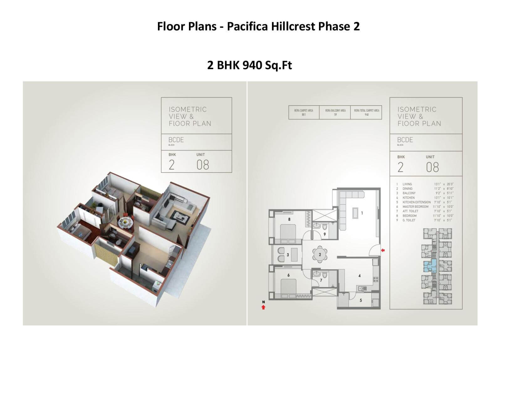 Floor plan of 2 BHK 940 Sq. Ft. Apartment in Pacifica Hillcrest Phase 2, Hyderabad
